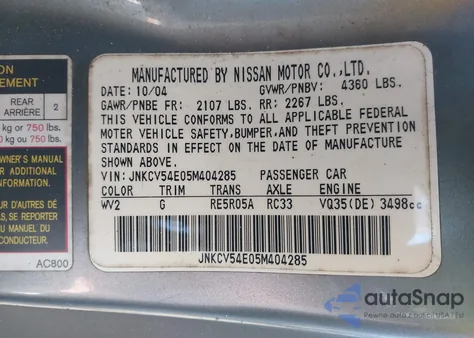 2005 Infiniti G35 from USA, damaged, VIN JNKCV54E05M404285